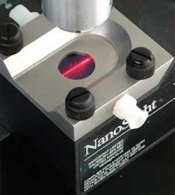 FIGURE 1. The beam within the laser module of the nanoparticle tracking analysis system passes through a sample. FIGURE 1. The beam within the laser module of the nanoparticle tracking analysis system passes through a sample.