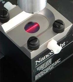 FIGURE 1. The beam within the laser module of the nanoparticle tracking analysis system passes through a sample. FIGURE 1. The beam within the laser module of the nanoparticle tracking analysis system passes through a sample.