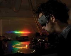FIGURE 1. A comparison of the visible spectral regions of new (upper spectrum) and conventional (lower spectrum) supercontinuum sources after dispersion through a prism demonstrates the extent of additional blue and UV spectral components achieved using the latest PCF developments. FIGURE 1. A comparison of the visible spectral regions of new (upper spectrum) and conventional (lower spectrum) supercontinuum sources after dispersion through a prism demonstrates the extent of additional blue and UV spectral components achieved using the latest PCF developments.