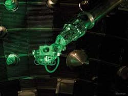 FIGURE 2. The final optical inspection system inside the target chamber examines focusing optics to spot signs of potential damage. FIGURE 2. The final optical inspection system inside the target chamber examines focusing optics to spot signs of potential damage.