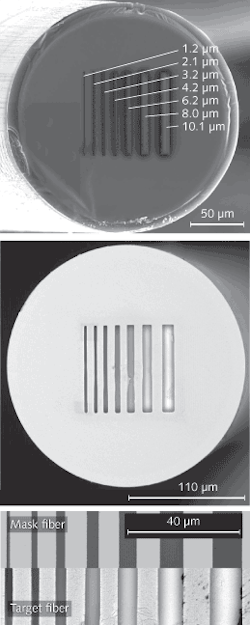 The end of the mask fiber is patterned with stripes of varying width (top). The developed pattern produced on the target fiber shows a resolution of about 2 &micro;m (center and bottom).