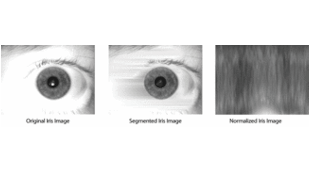 FIGURE 1. Iris on the Move technology from Sarnoff uses an array of 15 frames/s video cameras with 850 nm LED illumination to image the irises of individuals coming within 3 m of the system at a rate of 30 people per minute (top). The system first segments the iris (middle), then remaps the iris image from Cartesian coordinates to polar coordinates in a normalization process (bottom). In the normalized image, increasing radius goes from top to bottom, while increasing angle goes from left to right, allowing the formatted image to be matched against reference irises.