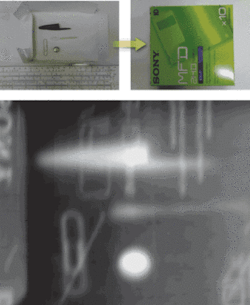 FIGURE 2. Some plastic and metallic components (upper left) are packed into a paper compact-disk box (upper right). Through-transmission imaging that uses a new near-infrared imaging technique works much like terahertz imaging, but at far lower cost: these images were obtained with a 10-cent LED from Radio Shack (bottom).