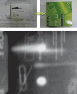 FIGURE 2. Some plastic and metallic components (upper left) are packed into a paper compact-disk box (upper right). Through-transmission imaging that uses a new near-infrared imaging technique works much like terahertz imaging, but at far lower cost: these images were obtained with a 10-cent LED from Radio Shack (bottom). FIGURE 2. Some plastic and metallic components (upper left) are packed into a paper compact-disk box (upper right). Through-transmission imaging that uses a new near-infrared imaging technique works much like terahertz imaging, but at far lower cost: these images were obtained with a 10-cent LED from Radio Shack (bottom).
