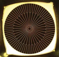 A metamorphic triple-junction solar-cell design (top) with an optimal radial wire vein design (inset) is the latest claim to record status in Europe. (Courtesy of the Fraunhofer Institute) The record efficiency of 40.8% was achieved at NREL with several layers of III-V materials in a triple junction (TJ) solar-cell design (bottom). (Courtesy of NREL) A metamorphic triple-junction solar-cell design (top) with an optimal radial wire vein design (inset) is the latest claim to record status in Europe. (Courtesy of the Fraunhofer Institute) The record efficiency of 40.8% was achieved at NREL with several layers of III-V materials in a triple junction (TJ) solar-cell design (bottom). (Courtesy of NREL)