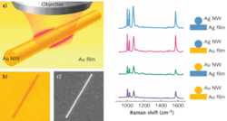 A SNOF architecture (left) produces local Raman gain that enables detection of molecules such as benzenethiol using SERS (a). Optical-microscope (b) and scanning-electron-microscope (c) images confirm that a single gold nanowire is present on the gold film. The SERS spectra of benzenethiol using different nanowire and film materials (right) show the highest Raman gain for the silver nanowire on silver film combination. A SNOF architecture (left) produces local Raman gain that enables detection of molecules such as benzenethiol using SERS (a). Optical-microscope (b) and scanning-electron-microscope (c) images confirm that a single gold nanowire is present on the gold film. The SERS spectra of benzenethiol using different nanowire and film materials (right) show the highest Raman gain for the silver nanowire on silver film combination.
