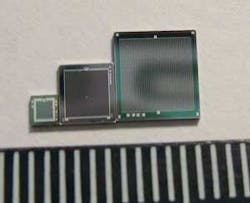 FIGURE 1. Examples of SiPM chips are sensors with sizes of 1.4 × 1.4, 3 × 3, and 5 × 5 mm. FIGURE 1. Examples of SiPM chips are sensors with sizes of 1.4 × 1.4, 3 × 3, and 5 × 5 mm.