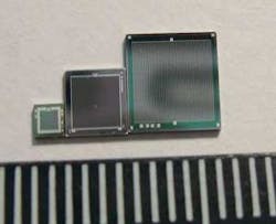 FIGURE 1. Examples of SiPM chips are sensors with sizes of 1.4 × 1.4, 3 × 3, and 5 × 5 mm. FIGURE 1. Examples of SiPM chips are sensors with sizes of 1.4 × 1.4, 3 × 3, and 5 × 5 mm.