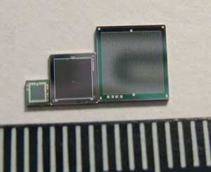 FIGURE 1. Examples of SiPM chips are sensors with sizes of 1.4 &times; 1.4, 3 &times; 3, and 5 &times; 5 mm.