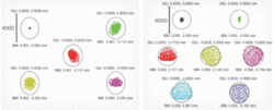 FIGURE 2. Spot diagrams are shown for various points in the system’s illumination and imaging paths: illumination optics (left) at the 750 µm wavelength and for the axis and ±4 mm field points in the x and y directions (the numerical aperture is 0.3 and the Gaussian apodization is 2); imaging optics (right) at 838 µm (the peak wavelength) and for the axis point, the field point (0, 0.396 mm) corresponding to pixel 4, the field point (0, –2.775 mm) corresponding to pixel 8, and the field points ±4 mm in x and y directions. FIGURE 2. Spot diagrams are shown for various points in the system’s illumination and imaging paths: illumination optics (left) at the 750 µm wavelength and for the axis and ±4 mm field points in the x and y directions (the numerical aperture is 0.3 and the Gaussian apodization is 2); imaging optics (right) at 838 µm (the peak wavelength) and for the axis point, the field point (0, 0.396 mm) corresponding to pixel 4, the field point (0, –2.775 mm) corresponding to pixel 8, and the field points ±4 mm in x and y directions.