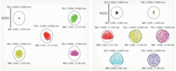 FIGURE 2. Spot diagrams are shown for various points in the system’s illumination and imaging paths: illumination optics (left) at the 750 µm wavelength and for the axis and ±4 mm field points in the x and y directions (the numerical aperture is 0.3 and the Gaussian apodization is 2); imaging optics (right) at 838 µm (the peak wavelength) and for the axis point, the field point (0, 0.396 mm) corresponding to pixel 4, the field point (0, –2.775 mm) corresponding to pixel 8, and the field points ±4 mm in x and y directions. FIGURE 2. Spot diagrams are shown for various points in the system’s illumination and imaging paths: illumination optics (left) at the 750 µm wavelength and for the axis and ±4 mm field points in the x and y directions (the numerical aperture is 0.3 and the Gaussian apodization is 2); imaging optics (right) at 838 µm (the peak wavelength) and for the axis point, the field point (0, 0.396 mm) corresponding to pixel 4, the field point (0, –2.775 mm) corresponding to pixel 8, and the field points ±4 mm in x and y directions.