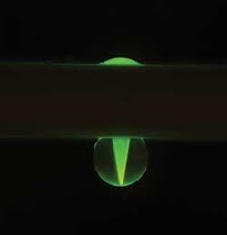 A drop of water containing four parts per million of fluorescein dye, illuminated by laser light from the top, hangs in a near-perfect spherical shape (above), ideal for imaging. Images of a standard-resolution target taken with the oscillating liquid lens are in and out of focus through one complete period (below), from peak focus at t = 0.007 s (left), shifting out of focus at t = 0.020 s (center), and to the second peak of the next period at t = 0.033 s (right). A drop of water containing four parts per million of fluorescein dye, illuminated by laser light from the top, hangs in a near-perfect spherical shape (above), ideal for imaging. Images of a standard-resolution target taken with the oscillating liquid lens are in and out of focus through one complete period (below), from peak focus at t = 0.007 s (left), shifting out of focus at t = 0.020 s (center), and to the second peak of the next period at t = 0.033 s (right).