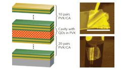 Except for the QDs in the cavity, the layers of a flexible microcavity vertical-emitting laser are all polymer (left). Spin-coated on a glass substrate, the laser can be peeled off (upper right) and conforms to curved surfaces (lower right).
