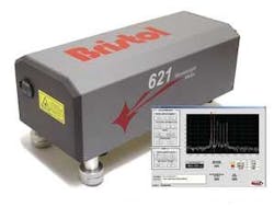 FIGURE 2. The Bristol Instruments 621B-MIR laser-wavelength meter system (background) provides real-time wavelength information for CW and high-repetition-rate pulsed lasers in the mid-infrared from 4 to 11 µm, such as tunable quantum-cascade lasers. The 721B-MIR laser-spectrum analyzer is the only device combining a wavelength meter and spectrum analyzer that operates beyond 2 µm; the readout shows the spectrum of a CO2 laser with six lines (inset). FIGURE 2. The Bristol Instruments 621B-MIR laser-wavelength meter system (background) provides real-time wavelength information for CW and high-repetition-rate pulsed lasers in the mid-infrared from 4 to 11 µm, such as tunable quantum-cascade lasers. The 721B-MIR laser-spectrum analyzer is the only device combining a wavelength meter and spectrum analyzer that operates beyond 2 µm; the readout shows the spectrum of a CO2 laser with six lines (inset).