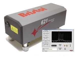 FIGURE 2. The Bristol Instruments 621B-MIR laser-wavelength meter system (background) provides real-time wavelength information for CW and high-repetition-rate pulsed lasers in the mid-infrared from 4 to 11 &micro;m, such as tunable quantum-cascade lasers. The 721B-MIR laser-spectrum analyzer is the only device combining a wavelength meter and spectrum analyzer that operates beyond 2 &micro;m; the readout shows the spectrum of a CO2 laser with six lines (inset).