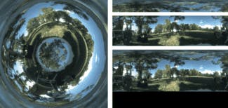 FIGURE 2. The raw image (left) from the panoramic imager is remapped into two images, one of the field center (upper right) and another of the field edge (center right). These two images can then be combined (lower right). The wavy shape of the horizon in this image is a result of the camera being imperfectly leveled.