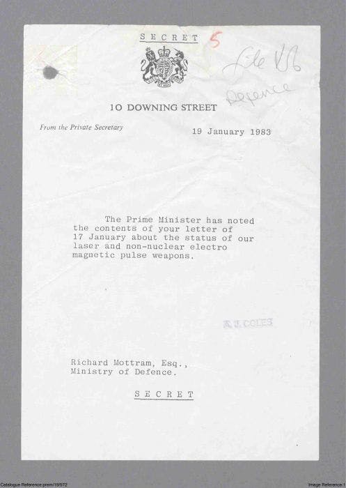 Opening page of memo to Prime Minister Thatcher