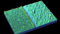 FIGURE 3. A boundary region where differing substrate crystal orientations affected the growth of the CIGS material is measured by an optical profiler and shows different grains structures on either side of the boundary. FIGURE 3. A boundary region where differing substrate crystal orientations affected the growth of the CIGS material is measured by an optical profiler and shows different grains structures on either side of the boundary.