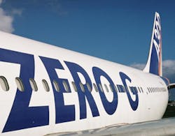 The Zero-G aircraft is shown aboard which the Quantel laser performed its experiments. The Zero-G aircraft is shown aboard which the Quantel laser performed its experiments.