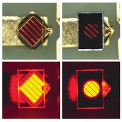 FIGURE 1. Masked point-source LED during production, with and without reticle.