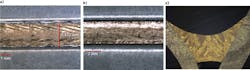 FIGURE 3. A comparison of single-spot (a) and trifocal (b) brazed seams that join steel with CuSi wire. An improved finish and suppression of edge roughness is evident in the trifocal brazing example. A cross-section (c) highlights the joint uniformity and quality obtainable with trifocal brazing. FIGURE 3. A comparison of single-spot (a) and trifocal (b) brazed seams that join steel with CuSi wire. An improved finish and suppression of edge roughness is evident in the trifocal brazing example. A cross-section (c) highlights the joint uniformity and quality obtainable with trifocal brazing.
