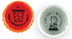 FIGURE 4. On-the-fly laser marking of high-density polyethylene (HDPE) undercap promotions on linerless beverage closures enables up to 2000 closures/min. FIGURE 4. On-the-fly laser marking of high-density polyethylene (HDPE) undercap promotions on linerless beverage closures enables up to 2000 closures/min.