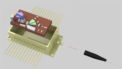 A 3D rendering of Exalos' superluminescent light-emitting diode (SLED) product. A 3D rendering of Exalos' superluminescent light-emitting diode (SLED) product.