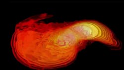 LIGO has directly measured the gravitational waves emitted by two black holes merging. Here is shown a simulation of two neutron stars colliding (a still from the video below)&mdash;a source of gravitational waves potentially measurable by LIGO.