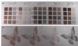 FIGURE 1. Precise control over peak power, marking speed, and number of pulses allows for color laser annealing (printing) on stainless steel with immense detail. Examples show a number of obtainable colors (a) and the high printed quality of a complex pattern (b).
