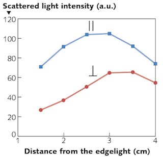 An edge-lit transparent waveguide plate scatters light of mostly one polarization toward the viewer. Scattered light was measured as a function of the distance from the edge light for polarizations both parallel and perpendicular to the liquid-crystal rubbing direction.