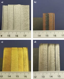 FIGURE 5. Cutting samples of aluminum (a), copper (b), brass (c), and stainless steel (d). FIGURE 5. Cutting samples of aluminum (a), copper (b), brass (c), and stainless steel (d).