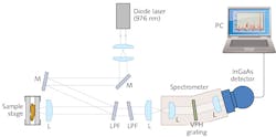 FIGURE 2. The experimental setup used in the Erasmus University Medical Research Center Rotterdam research has demonstrated that Raman spectroscopy can be successfully used in medical practice, delivering high-quality, high-wavenumber (HWVN) Raman spectra with a low fluorescence background. FIGURE 2. The experimental setup used in the Erasmus University Medical Research Center Rotterdam research has demonstrated that Raman spectroscopy can be successfully used in medical practice, delivering high-quality, high-wavenumber (HWVN) Raman spectra with a low fluorescence background.