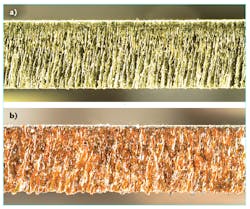 FIGURE 6. Immunity from back-reflections enable cutting of highly reflective metals that were problematic for first some-generation fiber lasers. Cross-section views show cuts created by a Coherent Highlight FL laser through 1.25-mm-thick brass (a) and 1.2 mm copper (b).