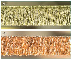 FIGURE 6. Immunity from back-reflections enable cutting of highly reflective metals that were problematic for first some-generation fiber lasers. Cross-section views show cuts created by a Coherent Highlight FL laser through 1.25-mm-thick brass (a) and 1.2 mm copper (b). FIGURE 6. Immunity from back-reflections enable cutting of highly reflective metals that were problematic for first some-generation fiber lasers. Cross-section views show cuts created by a Coherent Highlight FL laser through 1.25-mm-thick brass (a) and 1.2 mm copper (b).