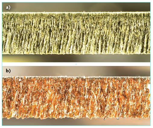 FIGURE 6. Immunity from back-reflections enable cutting of highly reflective metals that were problematic for first some-generation fiber lasers. Cross-section views show cuts created by a Coherent Highlight FL laser through 1.25-mm-thick brass (a) and 1.2 mm copper (b).
