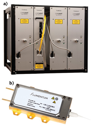 FIGURE 2. A 6 kW Lumentum fiber laser consists of three 2 kW modules and a fiber-combiner module (a). The lasers are pumped with the company's ST Series high-brightness fiber-coupled laser diodes (b).