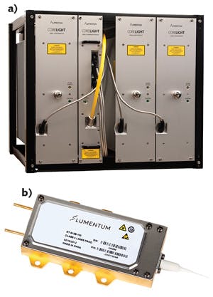 FIGURE 2. A 6 kW Lumentum fiber laser consists of three 2 kW modules and a fiber-combiner module (a). The lasers are pumped with the company&apos;s ST Series high-brightness fiber-coupled laser diodes (b).