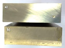 FIGURE 7. A polished cross-section of brass welds performed with the nLIGHT alta 3kW fiber laser (a) and with a legacy 3kW fiber laser (b), showing the superior weld quality achieved in (a). In (b), weld defects (pores) are visible along the weld seam.