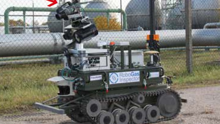 The RoboGasInspector consists of three modules: a chain-driven mobile platform, a navigation module and an inspection module. Note the FLIR GF320 on top of the unit. (Image credit: FLIR)