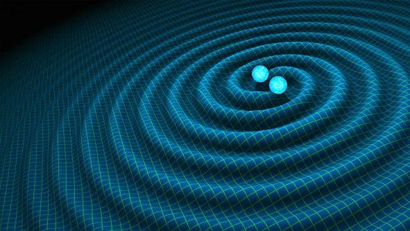The collision of two black holes causes cosmic waves that can be detected by highly sensitive detectors called wavefront detectors, as shown in this artistic rendering.
