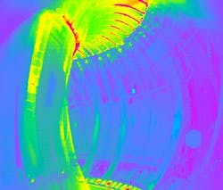 An infrared camera view shows the inside of the JET fusion vessel. An infrared camera view shows the inside of the JET fusion vessel.