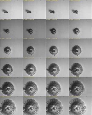 FIGURE 4. Every eighth frame of a 180 frame sequence taken with the Kirana camera at 2 million frames/s and 500 ns exposure is shown here as an armor-piercing bullet traveling at 3000 ft/s strikes a bulletproof glass composite. The scene is front lit with a 1000 J xenon flash lamp.