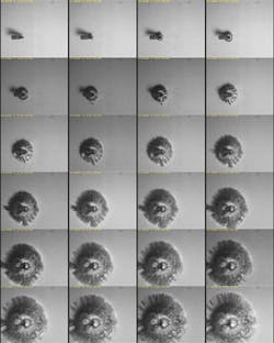 FIGURE 4. Every eighth frame of a 180 frame sequence taken with the Kirana camera at 2 million frames/s and 500 ns exposure is shown here as an armor-piercing bullet traveling at 3000 ft/s strikes a bulletproof glass composite. The scene is front lit with a 1000 J xenon flash lamp. FIGURE 4. Every eighth frame of a 180 frame sequence taken with the Kirana camera at 2 million frames/s and 500 ns exposure is shown here as an armor-piercing bullet traveling at 3000 ft/s strikes a bulletproof glass composite. The scene is front lit with a 1000 J xenon flash lamp.