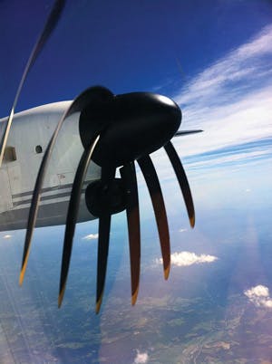FIGURE 5. Aircraft propeller blades droop when recorded with a camera that uses a rolling shutter where pixels are exposed one line at a time, instead of all at once as in a high-speed video camera with a global electronic shutter.