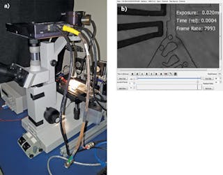 FIGURE 1. An IL5 high-speed camera (a) images a microfluidic circuit (b) around its 5000 frames/s sweet spot-circuit control signals are being recorded by the camera and saved as part of the per-frame metadata.