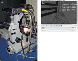 FIGURE 1. An IL5 high-speed camera (a) images a microfluidic circuit (b) around its 5000 frames/s sweet spot-circuit control signals are being recorded by the camera and saved as part of the per-frame metadata. FIGURE 1. An IL5 high-speed camera (a) images a microfluidic circuit (b) around its 5000 frames/s sweet spot-circuit control signals are being recorded by the camera and saved as part of the per-frame metadata.