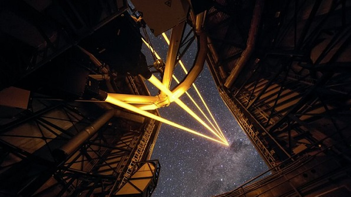 ESO’s Paranal Observatory in Chile marked the brilliant first light for the four powerful lasers that form a crucial part of the adaptive optics systems on ESO’s Very Large Telescope. These are the most powerful laser guide stars ever used for astronomy and mark the first use of multiple laser guide stars at ESO. This image shows the four beams emerging from the new laser system on Unit Telescope 4 of the VLT. (Image credit: ESO/F. Kamphues)