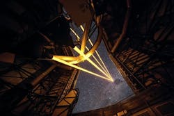 ESO’s Paranal Observatory in Chile marked the brilliant first light for the four powerful lasers that form a crucial part of the adaptive optics systems on ESO’s Very Large Telescope. These are the most powerful laser guide stars ever used for astronomy and mark the first use of multiple laser guide stars at ESO. This image shows the four beams emerging from the new laser system on Unit Telescope 4 of the VLT. (Image credit: ESO/F. Kamphues) ESO’s Paranal Observatory in Chile marked the brilliant first light for the four powerful lasers that form a crucial part of the adaptive optics systems on ESO’s Very Large Telescope. These are the most powerful laser guide stars ever used for astronomy and mark the first use of multiple laser guide stars at ESO. This image shows the four beams emerging from the new laser system on Unit Telescope 4 of the VLT. (Image credit: ESO/F. Kamphues)