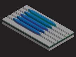 A 3D schematic depicts multiple quantum-cascade lasers integrated above silicon-on-nitride-on-insulator (SONOI) waveguides. A 3D schematic depicts multiple quantum-cascade lasers integrated above silicon-on-nitride-on-insulator (SONOI) waveguides.