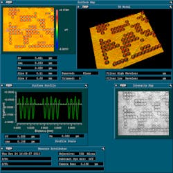 Shown is the surface profile of a small fragment (0.11 by 0.08 mm) of the holographic structure that was generated on the surface of a 304-grade stainless steel. The surface profile was measured using a Zygo white-light interferometer. The top left hand image shows the height map of the holographic structure, while the top right hand window shows its 3D surface profile. The middle left-hand window shows the cross-section (surface profile) of the hologram pixels (craters) taken along the line shown in the top left hand image. The middle-right image is the intensity map of the structure. Shown is the surface profile of a small fragment (0.11 by 0.08 mm) of the holographic structure that was generated on the surface of a 304-grade stainless steel. The surface profile was measured using a Zygo white-light interferometer. The top left hand image shows the height map of the holographic structure, while the top right hand window shows its 3D surface profile. The middle left-hand window shows the cross-section (surface profile) of the hologram pixels (craters) taken along the line shown in the top left hand image. The middle-right image is the intensity map of the structure.